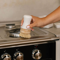 Person using Nellie's Kitchen Brush to clean their stovetop