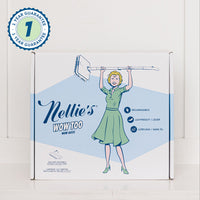 Nellie's Wow Too packaging with Nellie holding a Wow Too Mop on a white and blue background.