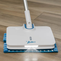 Mop with blue cleaning pad on a wooden floor, featuring the brand 'Nellie's'.