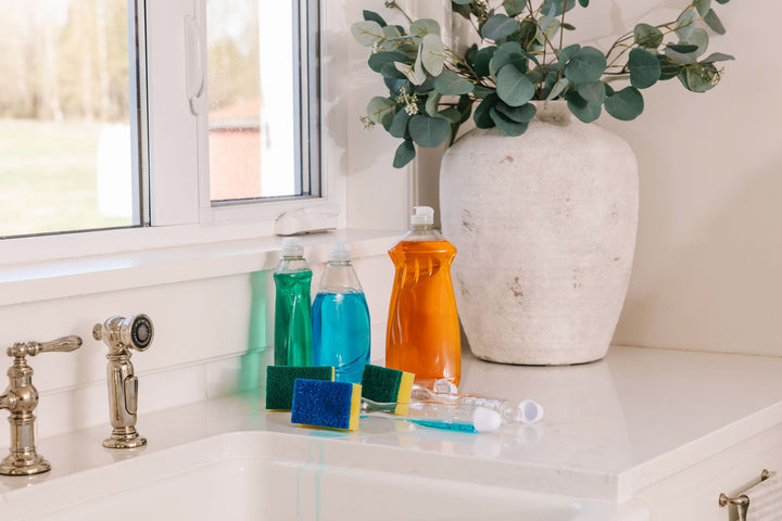 Single-use plastic dish soap bottles and brushes beside sink.
