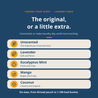 The "Choose Your Scent" guide for Nellie's Laundry Soda on a dark blue background. 
