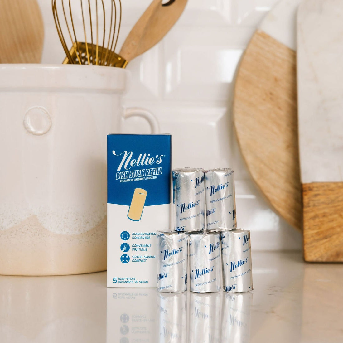Nellie's Dish Stick Refill 5 Pack for Nellie's Dish Stick on a clean kitchen counter