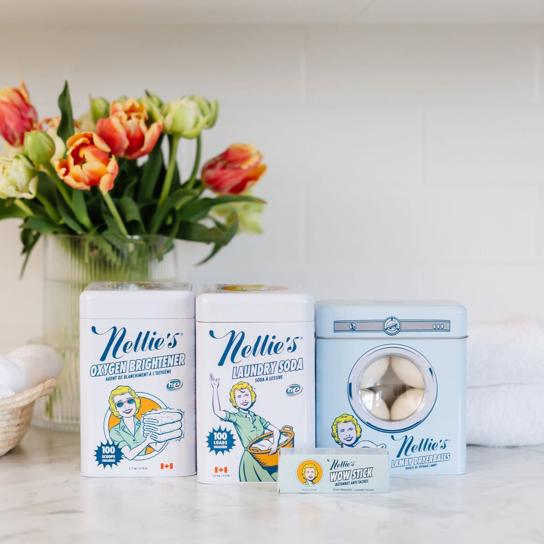 Nellie's Laundry Starter Bundle in front of a bouquet of flowers