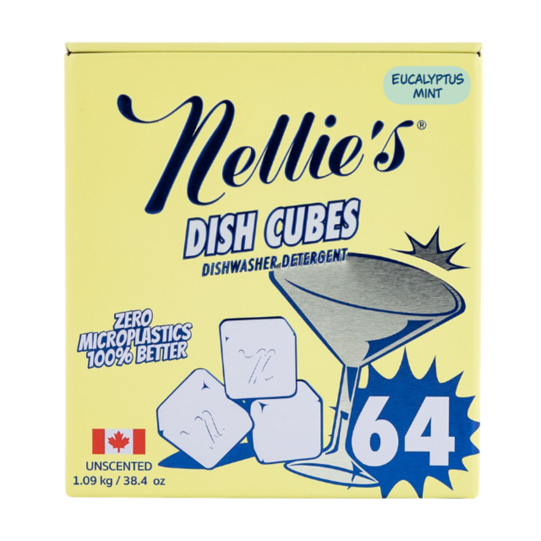 A yellow box of Nellie's Dish Cubes unscented dishwasher detergent, featuring a blue martini glass and ice cube graphic on a white background.