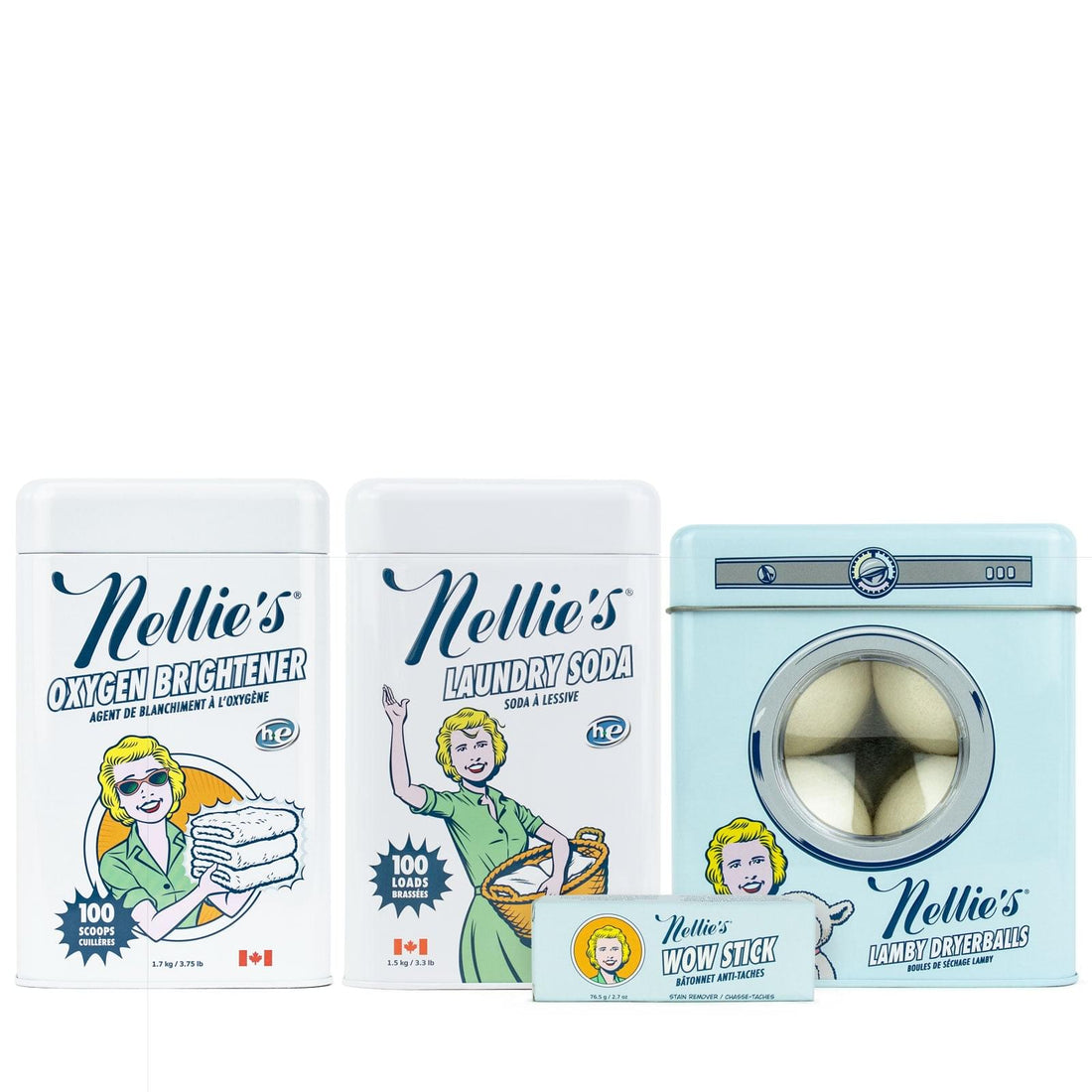 Nellie's Laundry Starter Bundle with Laundry Soda 100 loads, Oxygen Brightener 100 scoops, Lamby Wool Dryerballs and WOW Stick stain remover in Lemongrass scent