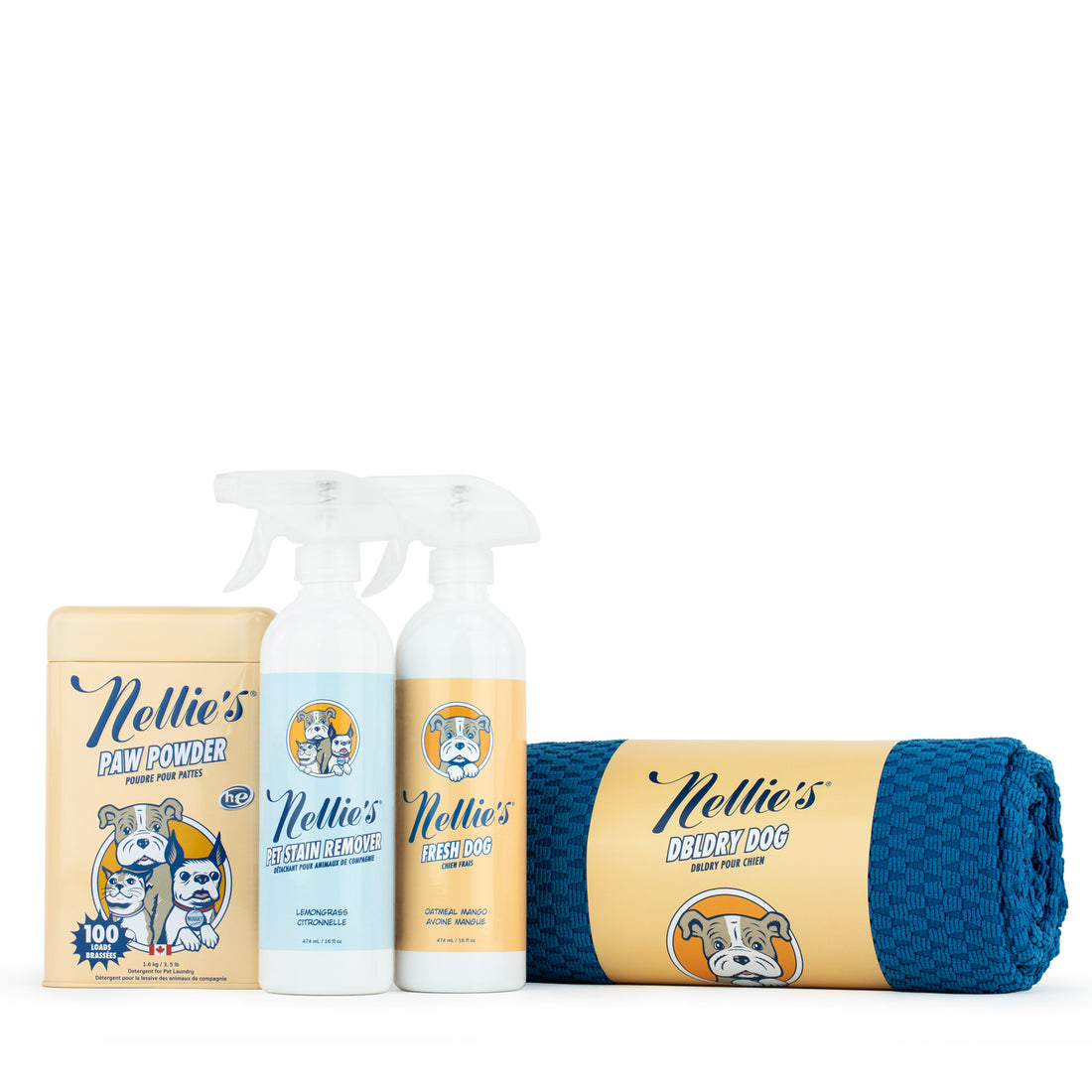 Nellie's pet care products including a powder, towel, and spray bottles on a white background