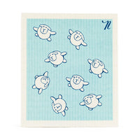 Blue, antibacterial and odourless Swedish Dishcloth with white flying sheep print