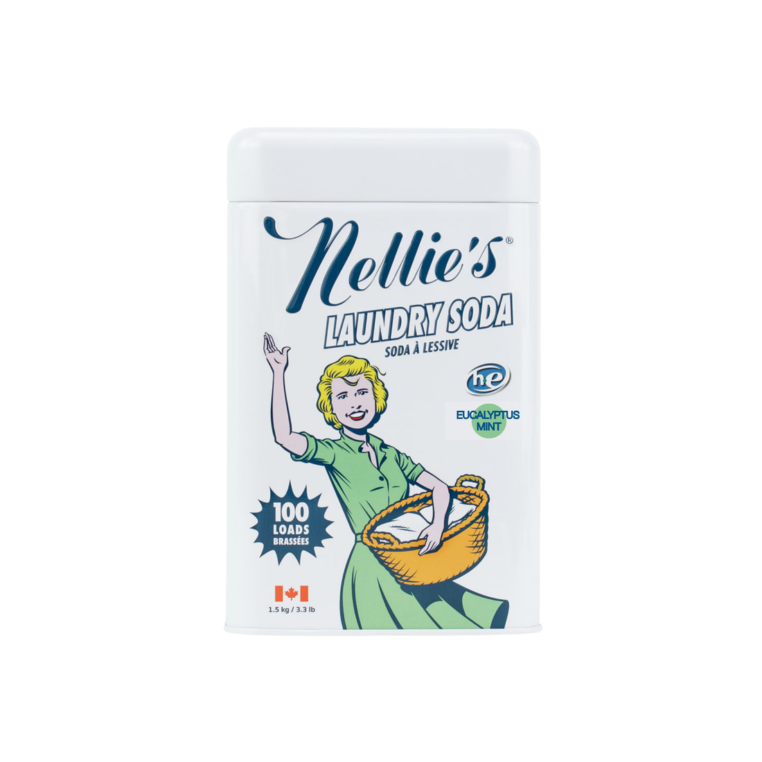 A white rectangular container of Nellie's Laundry Soda with a vintage-style illustration of a woman holding a basket on the front label.