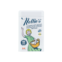 A white rectangular tin of Nellie's Laundry Soda, Mango flavor, featuring a vintage-style illustration of a woman in a green dress holding a laundry basket.