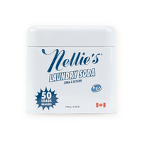 A white plastic tub of Nellie's Laundry Soda on a plain white background, featuring blue and navy branding and a blue starburst badge indicating 50 loads.