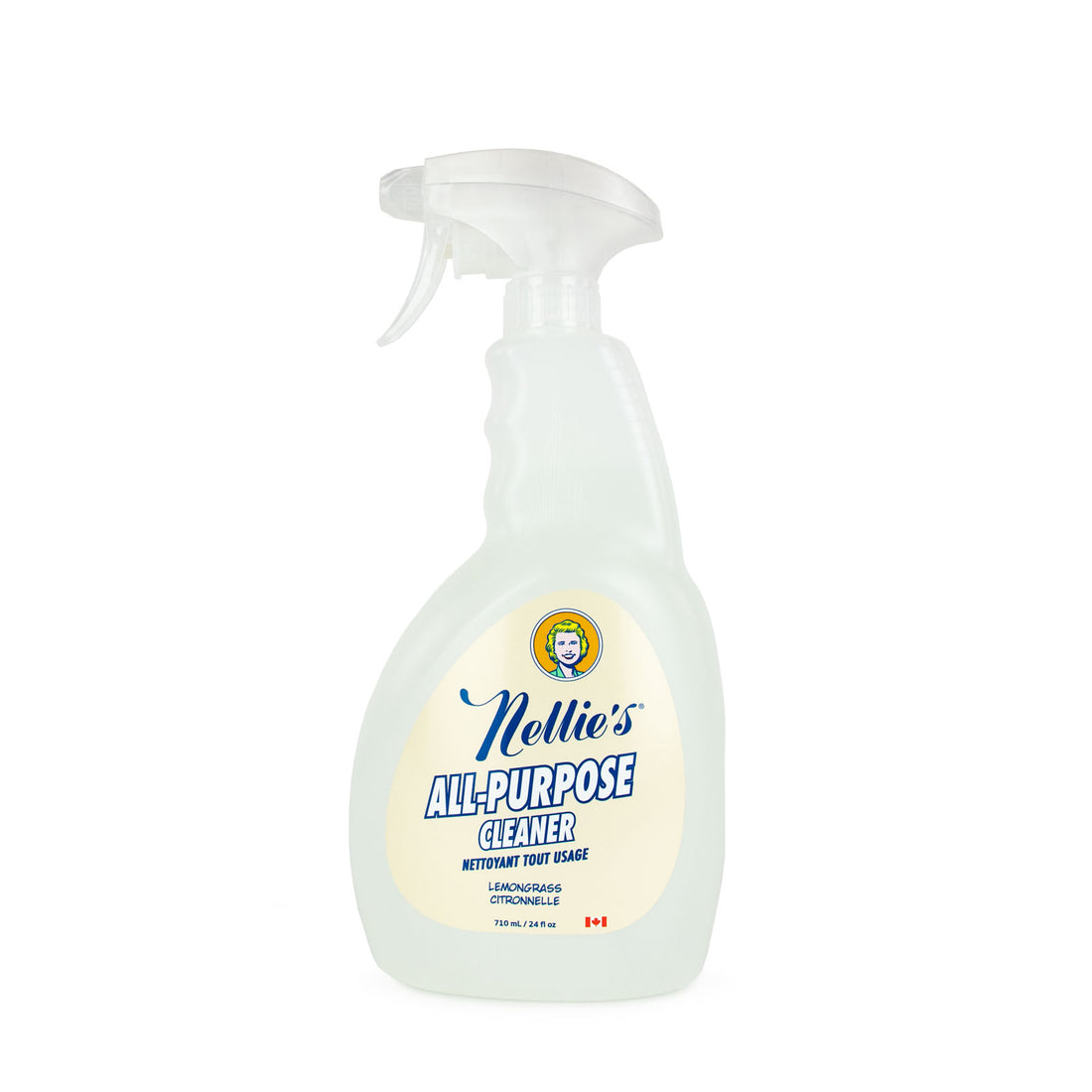 A 120 mL bottle of Nellie's All-Purpose Cleaner spray, featuring a translucent white plastic bottle and trigger sprayer with a cream-colored label.