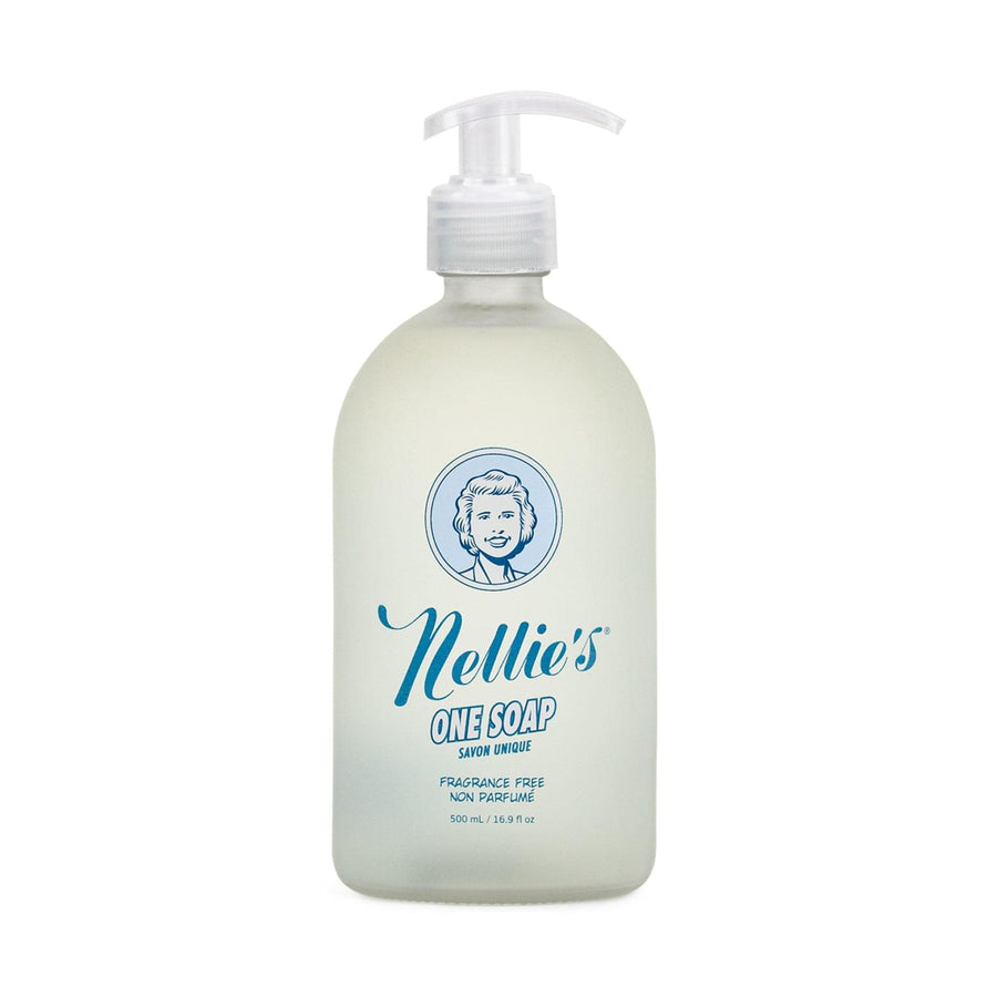 Eco-friendly all-in-one soap fragrance free scent, in a 500ml pump glass bottle