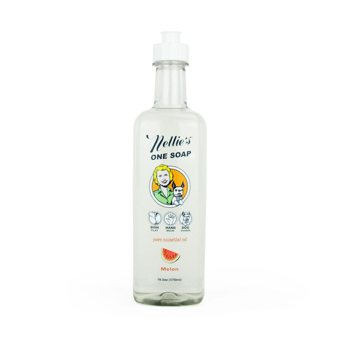 Eco-friendly all-in-one soap melon scent, in a 570ml squeeze top plastic bottle