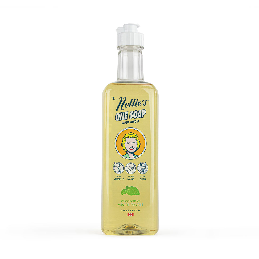 Nellie's One Soap Peppermint scent, in a 570ml squeeze top plastic bottle