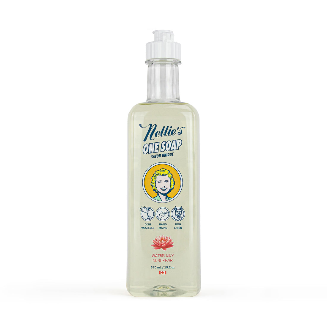 Nellie's One Soap Water Lily scent, in a 570ml squeeze top plastic bottle