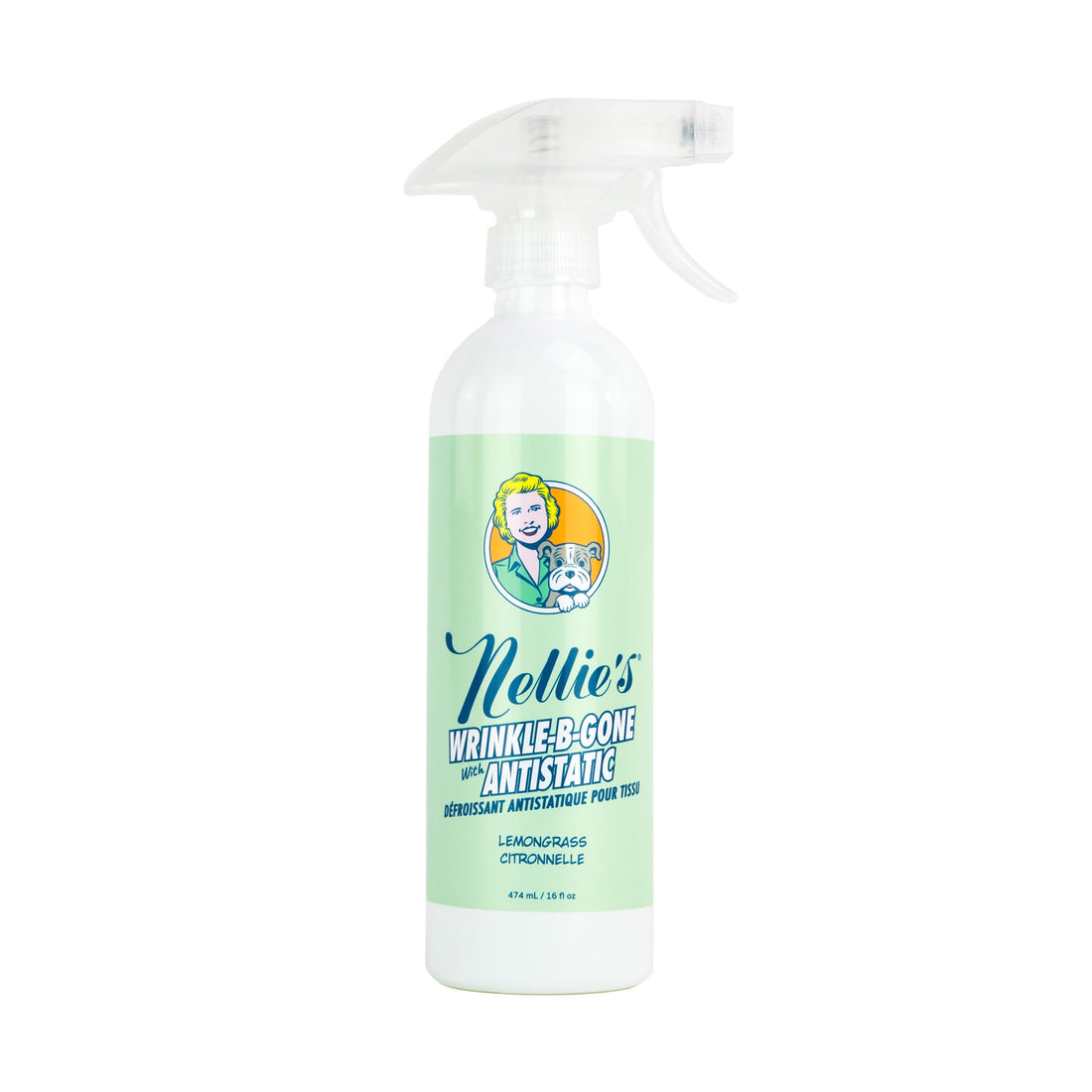 Nellie's Wrinkle-B-Gone spray bottle with a green label on a white background