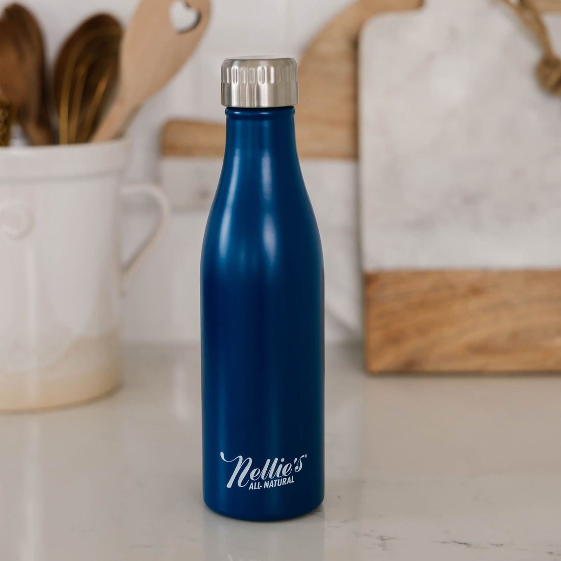 B 16oz blue Nellie's branded stainless steel water bottle safe for hot or cold beverages
