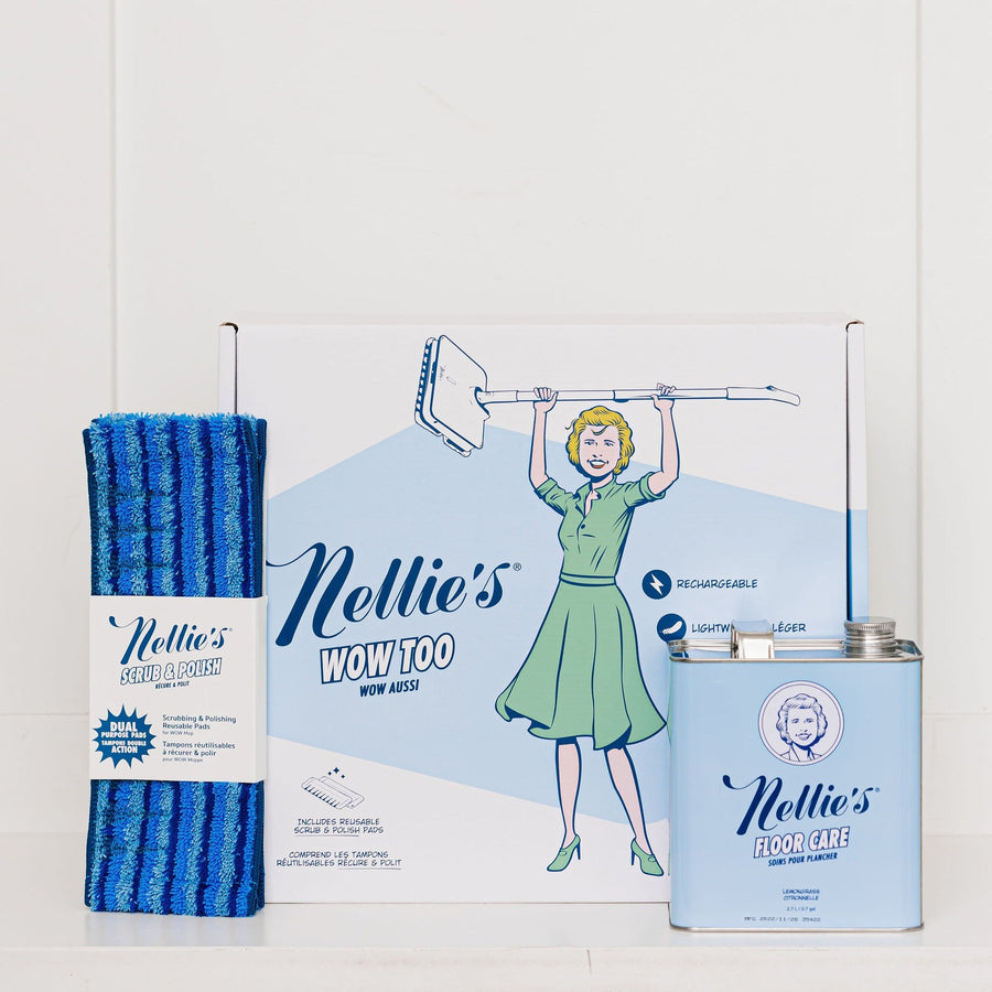 Bundle including Nellie's WOW TOO Mop, Scrub & Polish Pads and Floor Care solution