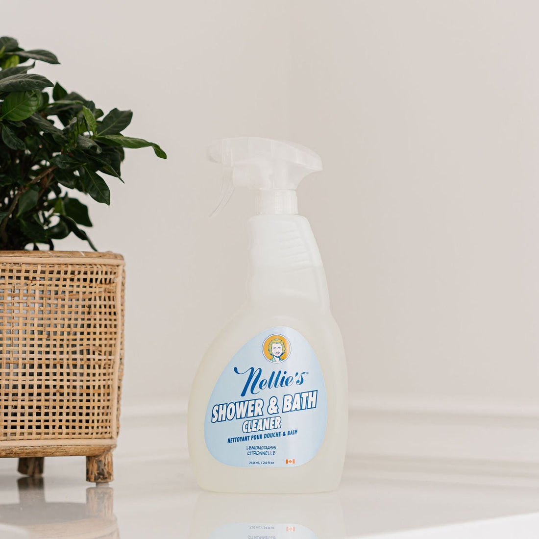 Nellie's Shower & Bath Cleaner with a refreshing lemongrass scent