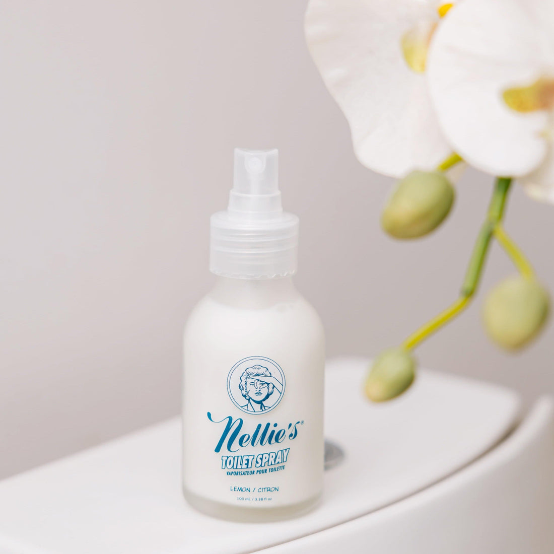 Nellie's Toilet Spray on the back of a toilet