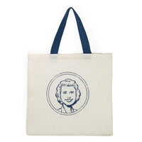Nellie's head logo cream coloured lined tote with blue straps